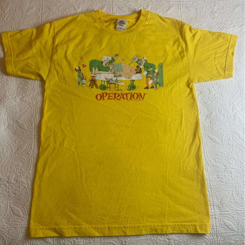 Y2K Graphic T-Shirt - Operation Board Game Graphic Tee - Yellow Short Sleeve Tee